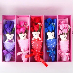 Teddy Bear Rose Valentine&#39;s Day Gift Wedding Bouquet with Box Wholesale Artificial Flowers Fragrant Rose Decoration
