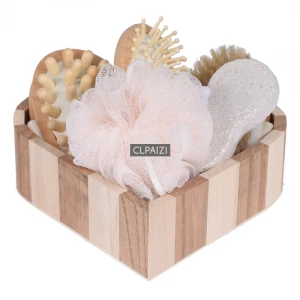 TREESMILE natural bath set high quality wood heart box OEM logo body massage brushes products bathroom gift sets