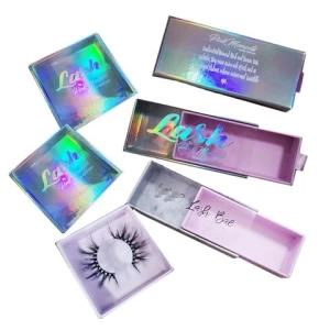 Unique design holographic logo square custom drawer eyelash case box packaging with PVC window