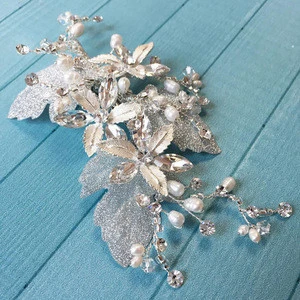 Western Style Pretty Bridal Shimmer and Pearl Hairgrips, Silver Metallic Leaves Pearl Hair Clips