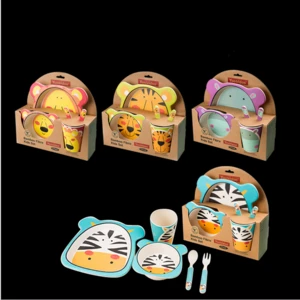 Wholesale Bamboo Fiber 5 pieces set cartoon animal children tableware set