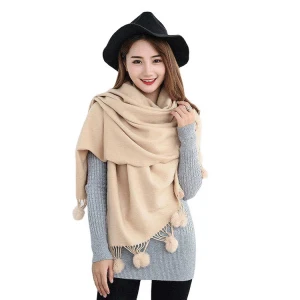 wholesale Pompom fur tassel Solid color scarves women stylish winter Keep warm neck wraps shawl cashmere scarf