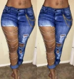 Wholesale Ripped Jeans Women Denim Jeans Pants Stretch Jeans With Gold Chain