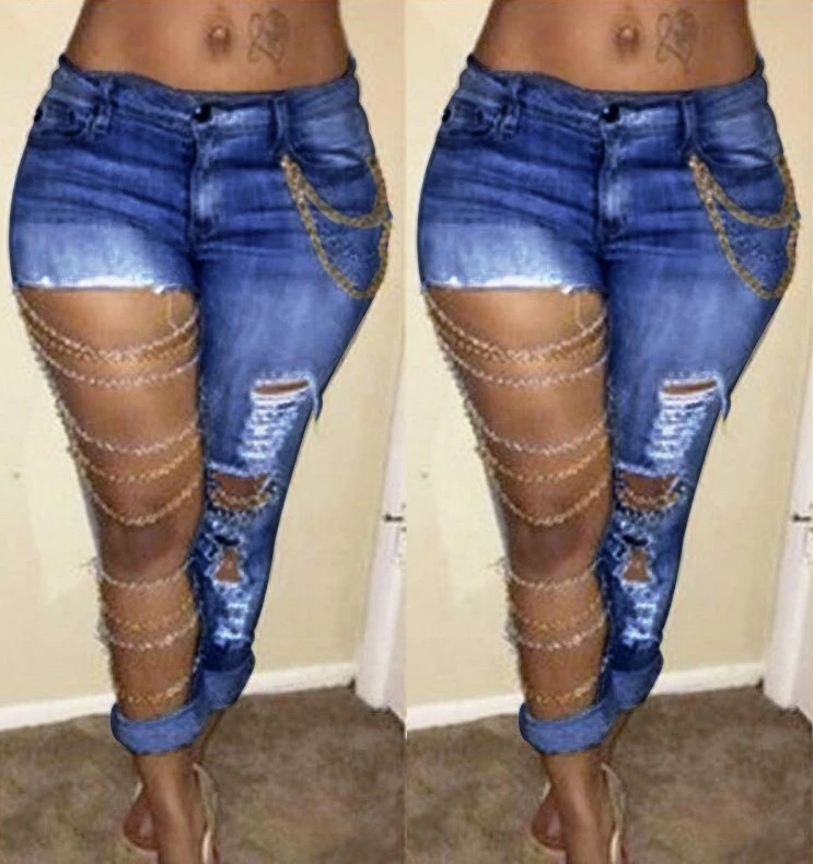 Wholesale Ripped Jeans Women Denim Jeans Pants Stretch Jeans With Gold Chain
