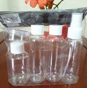 Wholesale transparent 50 80 100ml PET plastic bottles with screw cap spray and 10ml PS plastic jar 5pcs travel bottles kit