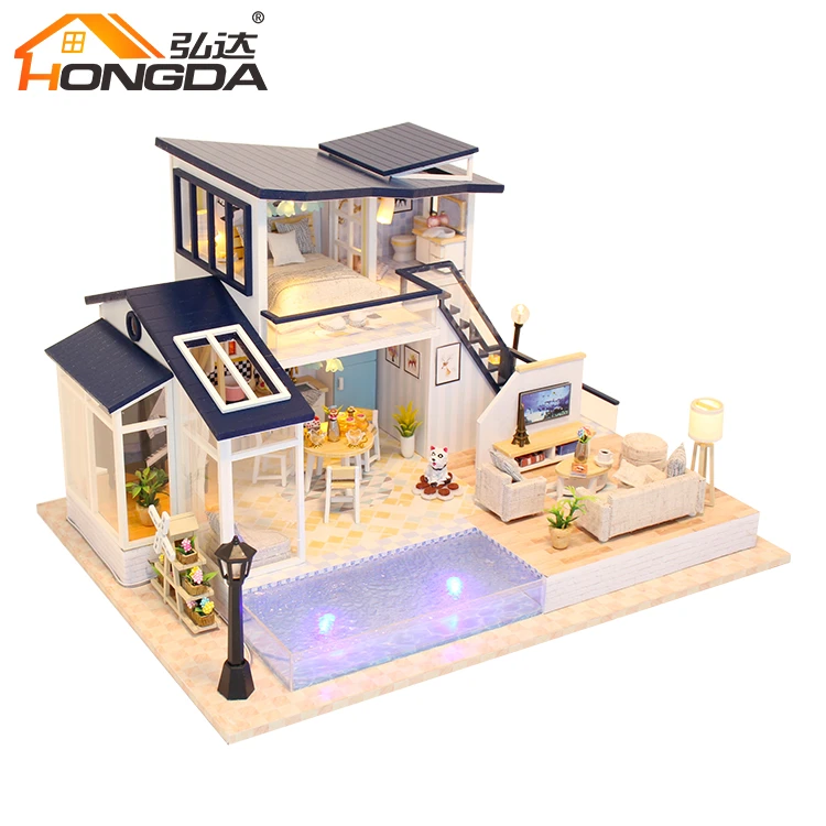 Wholesale with light and music DIY dolls house with modern doll furniture