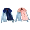 Winter Women Denim Series Mid Blue Fluffy Short Fur Jacket Faux Fur Liner And Real Raccoon Fur Collar