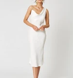 Women asymmetrical cowl neckline adjustable string shoulder straps Knee length  bias cut  Lined bust line white dress