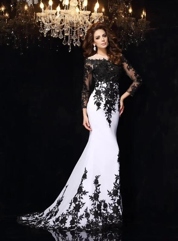 Women Elegant Sexy Black Lace Appliques Evening Gowns Long Sleeves Mermaid Ladies Evening Dress