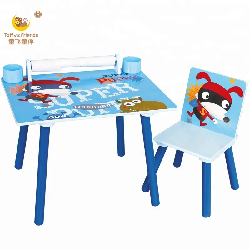 Wooden kids study desk and chair set table and chair with paper roll and cup