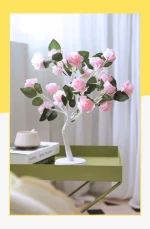 Yellow Pink Rose Flower Bedside Bedroom Night Light Table Lamp Home Decor Simulation Tree Wedding Party Decor Tree Table Lamp