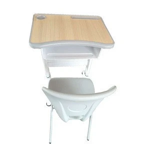 Yellow Teak student school desk and plastic chair set