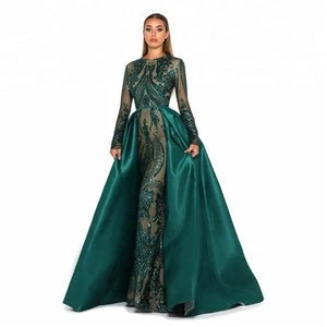 ZNK04 Real Sample Arabic Long Sleeve Sparkling Detachable Skirt Luxury Evening Dresses