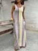 New Long Dress for Women with Striped Sleeves, Round Neck, and Pockets