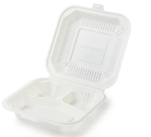 Biodegradable Cornstarch 8"- 3 Compartments Clamshell  Container