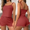 In-stock Wholesale New Pajamas Sleepwear for Women Set Ribbed Sleeveless Strap Scoop Neck Crop Tops Elastic Waist Shorts