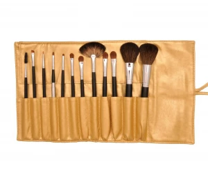 12PCS Professional Makeup Brush Set Natural Hair Black Wooden Handle Golden Pouch