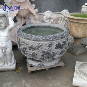2020 Chinese style design large outdoor garden decoration stone planter round grey marble flower pot for sale