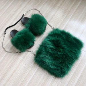 2021 Hot sale Real Fox Purses with fox fur slippers shoes women custom crossbody bag fox fur slides  sandals sets