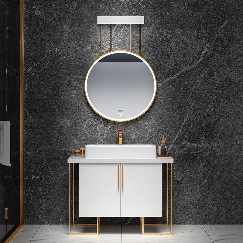 2021 stainless steel bathroom floor-standing bathroom cabinet with luminous anti-fog round mirror with washbasin