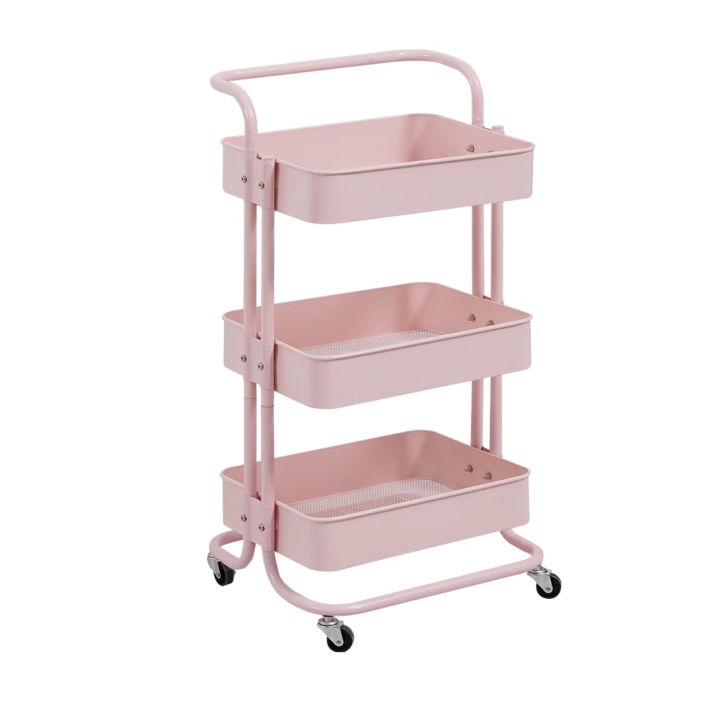 2021Modern Movable Steel Kitchen & Home Organizer 3 Tiers Serving Rolling Storage Cart Pink Trolley Rack.