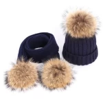 2022 Winter thick raccoon fur Children fur pompon knitted hats kids fur ball hats parent-child winter hat scarf set