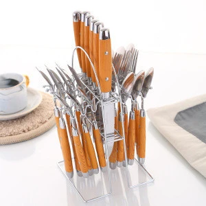 Silver Flatware Set with Natural Wood Handle, 24 PCS Silverware Set for 6,  Premium 18/8 (304) Stainless Steel Cutlery Set, Forks Spoons and Knives Set