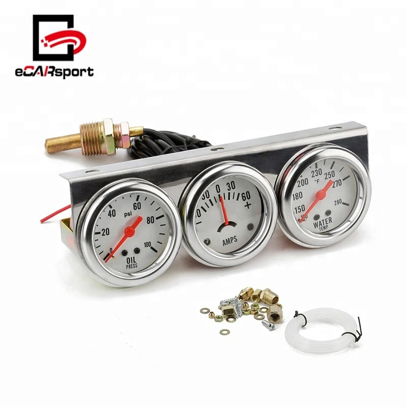 2inch Chrome Panel Oil Pressure gauge Water Temp gauge Amp Meter Triple Gauge kit Set White Face Car meter