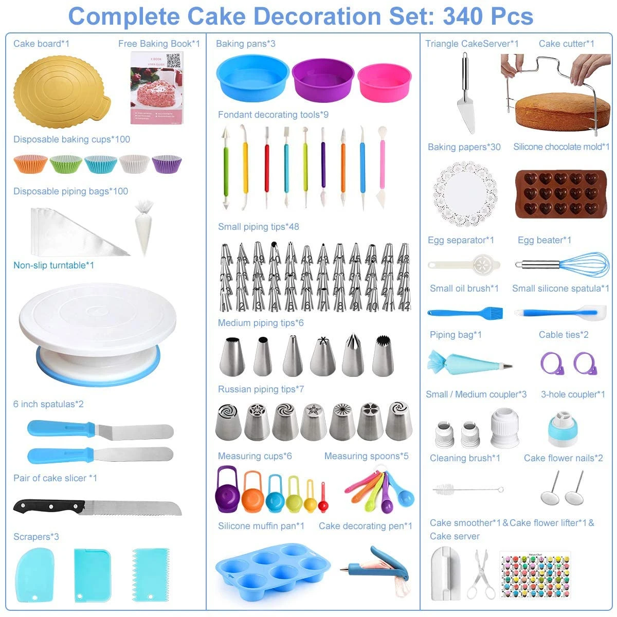 340 Pcs Cake Decorating Kit with Silicone Cake Pans Cake Turntable Set