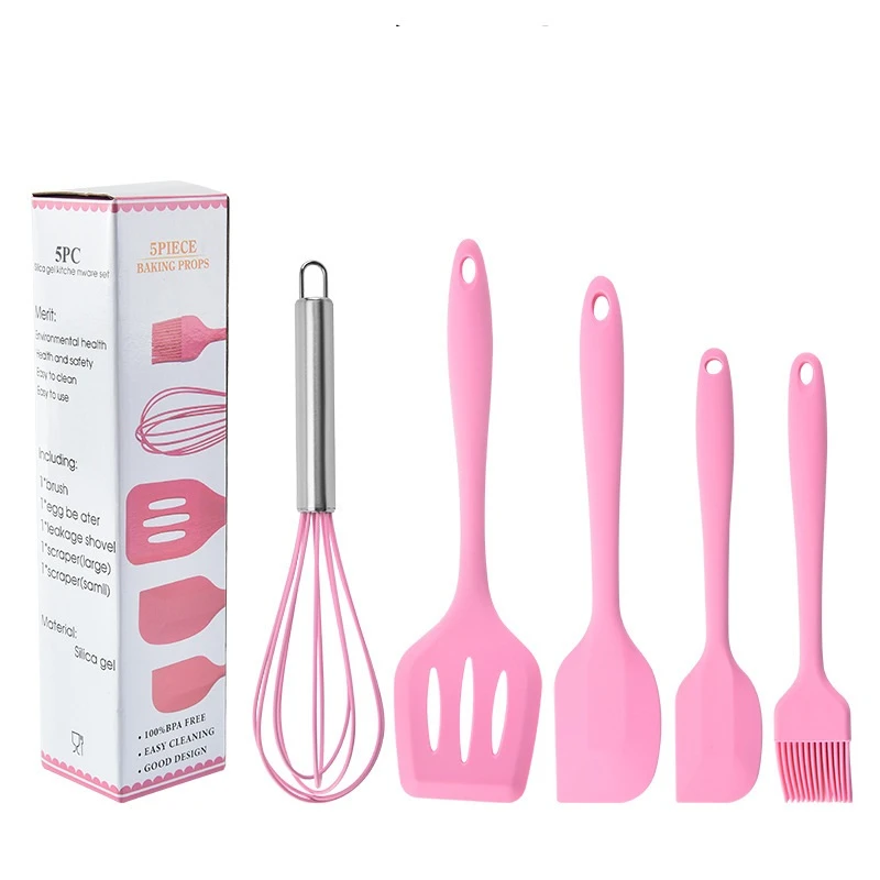 5-in-1 silicone cooking utensil set  Whisk with stainless steel handle  silicone spatula and silicone brush