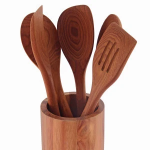 6 Pcs Wooden kitchen utensil set Cooking Turner With Holder Organizer