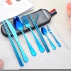 9pcs portable stainless steel blue cutlery flatware set fork spoon straw with bag