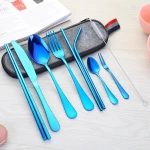 9pcs portable stainless steel blue cutlery flatware set fork spoon straw with bag