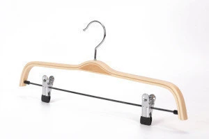 Adult natural laminated hanger for pants and skirts with adjustable clips and 360-degree swivel hook