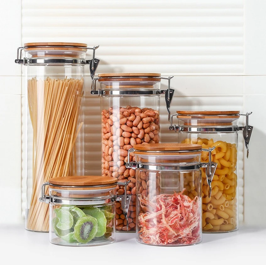 Airtight food container sealed glass storage cookie jar with stainless steel clip and bamboo lids