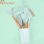 Amazon hot Sale 12-Piece Set Non-Stick Wooden Handle Easy Clean Cookware Set wooden handle cooking silicone utensils Non-toxic