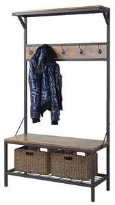 Antique wood design metal frame 3-shelf hall tree coat rack with hooks