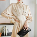 Batwing Sleeve long Office Dresses Women Formal autumn Elegant Designs  Round Collar Women Business Dress