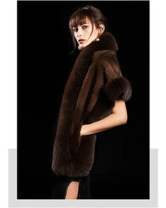 Beautiful ladies mink fur shawl with fox fur trim color brown