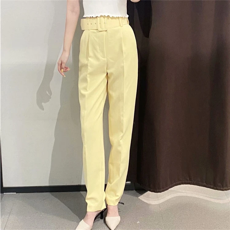 BMURHMZASpring and Summer new fashion belt close-fitting slimming casual trousers high waist multi-color vertical trousers