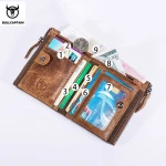 BULLCAPTAIN retro leather men's wallet leather zipper buckle short money wallet card holder coin purse RFID wallet QB06