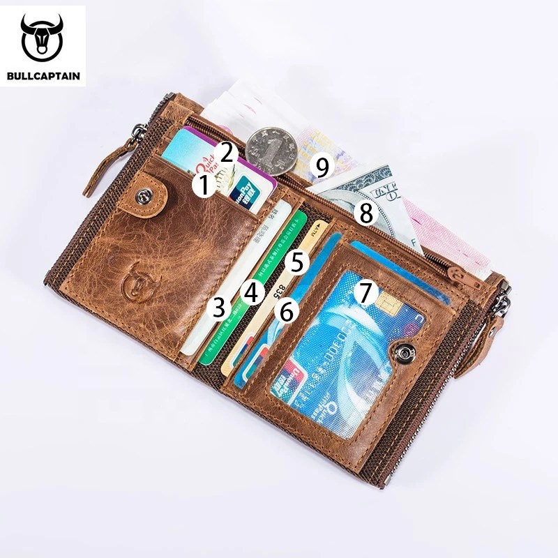 BULLCAPTAIN retro leather men&#x27;s wallet leather zipper buckle short money wallet card holder coin purse RFID wallet QB06