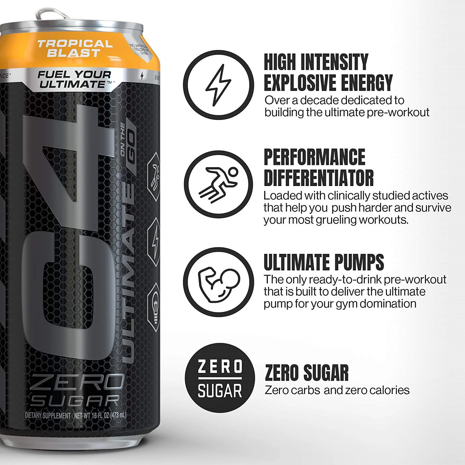 C4 Ultimate Sugar Free Sparkling Energy Drink Tropical Blast | 16oz (Pack Of 12) | Pre Workout performance drink with No Artific