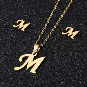 Cheap Custom Gift 18k Gold Initial 26 Alphabet Name Pendant Stainless Steel Necklace Earring Jewelry Set