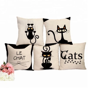 Cheap Polyester Fabric Black and White Cartoon Cats Printing Home Pillow Case Cushion Cover
