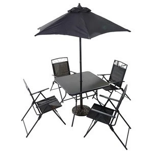 China Garden Furniture Home Leisure Way Patio Outdoor 4 Seater Metal Dining Set with Foldable Chairs, Glass Table, Umbrella