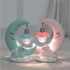 Creative Flying Pink Blue Unicorn  Moon with Wings on Cloud with LED Light Children Best Romantic Night Light Resin Crafts