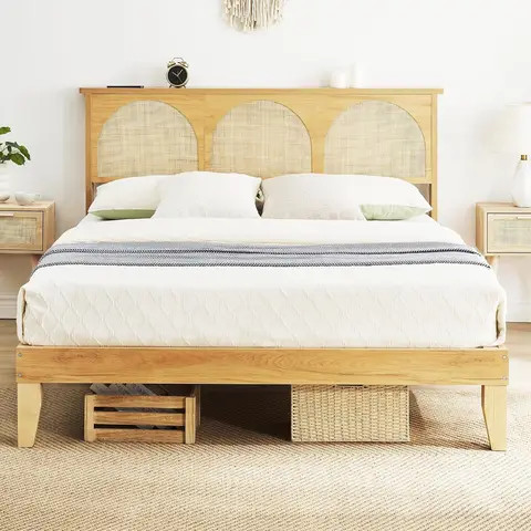 Custom rattan bed in teak frame super sand natural bedroom furniture