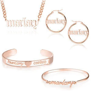 Custom Stainless Steel 18K Rose Gold Plated Initial Letter Name Earrings Bangle  Necklace Jewelry Set