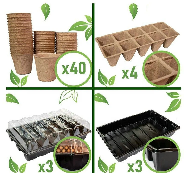DIY Biodegradable Seedling Starter Kit  Peat Pots Trays Gardening Seeder Dibbers T-markers Humidity Dome Base Germination Trays